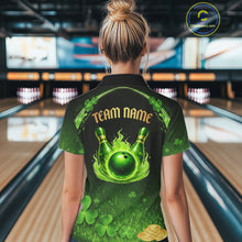 Load image into Gallery viewer, Green flame shamrock St Patrick's Day bowling shirts for women custom team bowling league jerseys NQS11412
