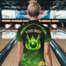 Load image into Gallery viewer, Green flame shamrock St Patrick's Day bowling shirts for women custom team bowling league jerseys NQS11412