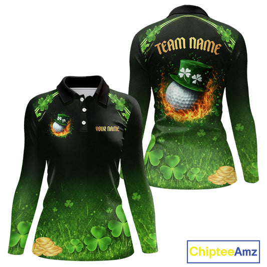 Flame golf ball green shamrock St Patrick's Day Women Golf Polo Shirt Custom lucky ladies golf attire NQS11413