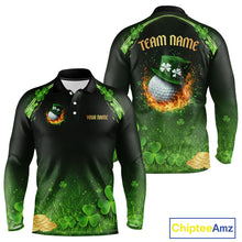 Load image into Gallery viewer, Flame golf ball green shamrock St Patrick's Day Men Golf Polo Shirts Custom lucky golf attire for men NQS11413
