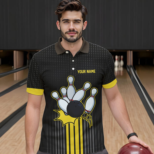 Black and Yellow Bowling Polo, Quarter Zip Shirt For Men Custom Team Mens Bowling Jersey NQS9652