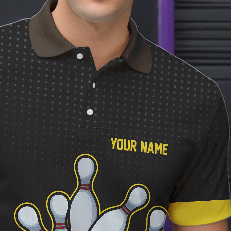 Black and Yellow Bowling Polo, Quarter Zip Shirt For Men Custom Team Mens Bowling Jersey NQS9652