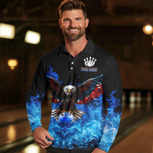 Blue Flame Smoke American Flag Eagle Skull Mens Bowling Shirts Custom Patriotic Bowling Team Jersey NQS9659