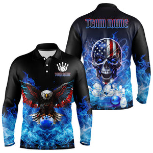Blue Flame Smoke American Flag Eagle Skull Mens Bowling Shirts Custom Patriotic Bowling Team Jersey NQS9659