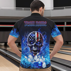 Blue Flame Smoke American Flag Eagle Skull Mens Bowling Shirts Custom Patriotic Bowling Team Jersey NQS9659