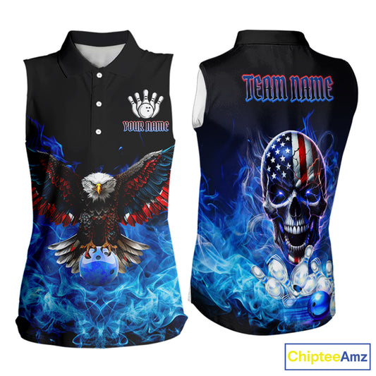 Blue Flame Smoke American Flag Eagle Skull Bowling Sleeveless Polos Custom Patriotic Bowling Jersey NQS9659