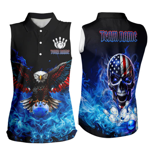 Blue Flame Smoke American Flag Eagle Skull Bowling Sleeveless Polos Custom Patriotic Bowling Jersey NQS9659