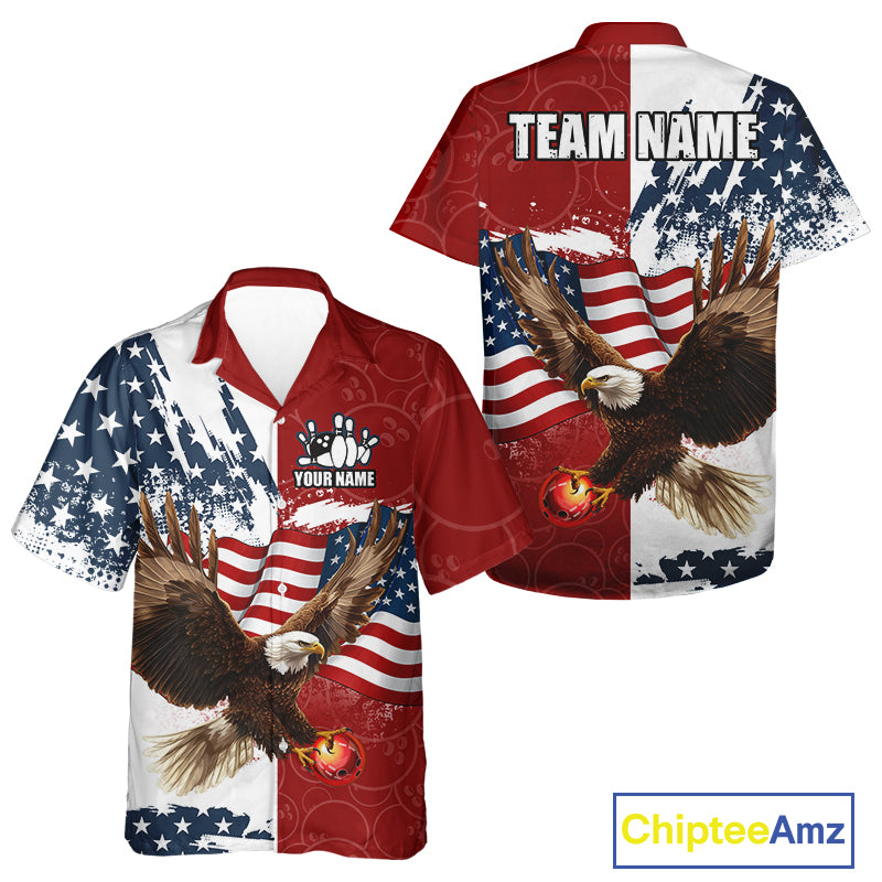 American Flag Eagle Bowling Hawaiian shirt Custom Patriotic Red Camo Bowling Team Jerseys NQS9864