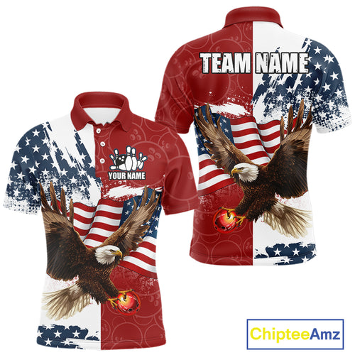 Red, White, Blue American Flag Eagle Men Bowling Shirt Custom Patriotic Red Camo Bowling Team Jersey NQS9864