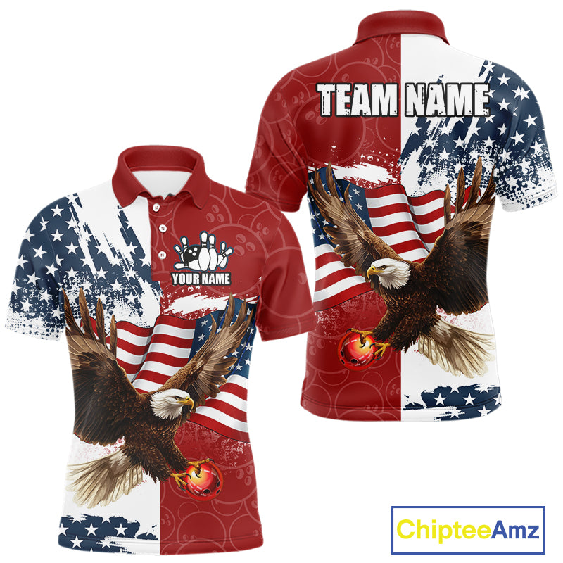 Red, White, Blue American Flag Eagle Men Bowling Shirt Custom Patriotic Red Camo Bowling Team Jersey NQS9864