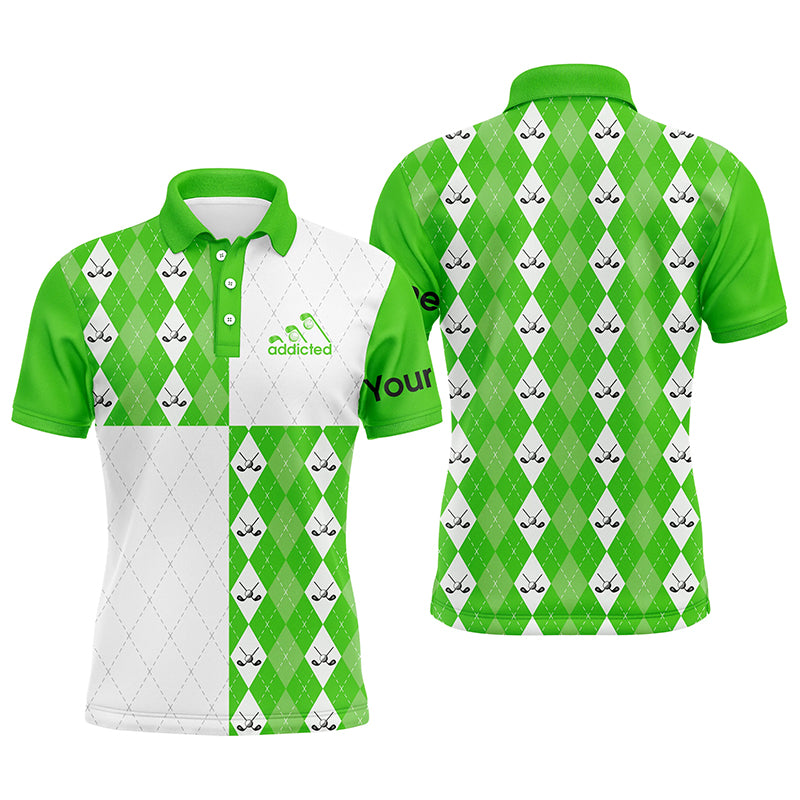 Golf addicted Mens golf polo shirts custom green and white golf ball clubs argyle plaid pattern golf NQS5438