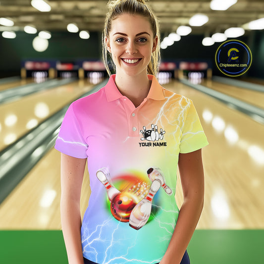 Gradient colorful rainbow lightning thunder storm Bowling Shirts for Women Custom Team Bowling jerseys NQS9941