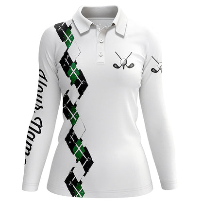 White Womens golf polo shirts custom name green and black plaid, best golf gifts for ladies NQS5686