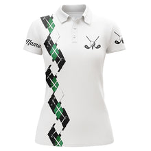 Load image into Gallery viewer, White Womens golf polo shirts custom name green and black plaid, best golf gifts for ladies NQS5686