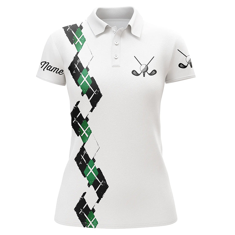White Womens golf polo shirts custom name green and black plaid, best golf gifts for ladies NQS5686