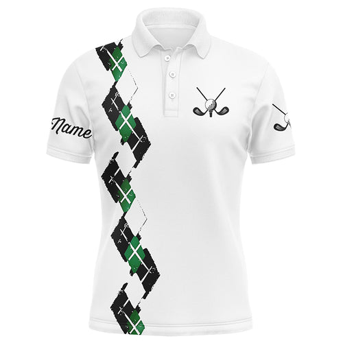 White Mens golf polo shirts custom name green and black plaid, best golf gifts for mens NQS5686