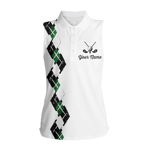White Women sleeveless polo shirt custom name green and black plaid, best golf gifts for ladies NQS5686