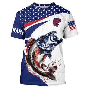 Red white and blue Largemouth Bass fishing American flag patriotic Custom UV protection Fishing Shirts NQS5689