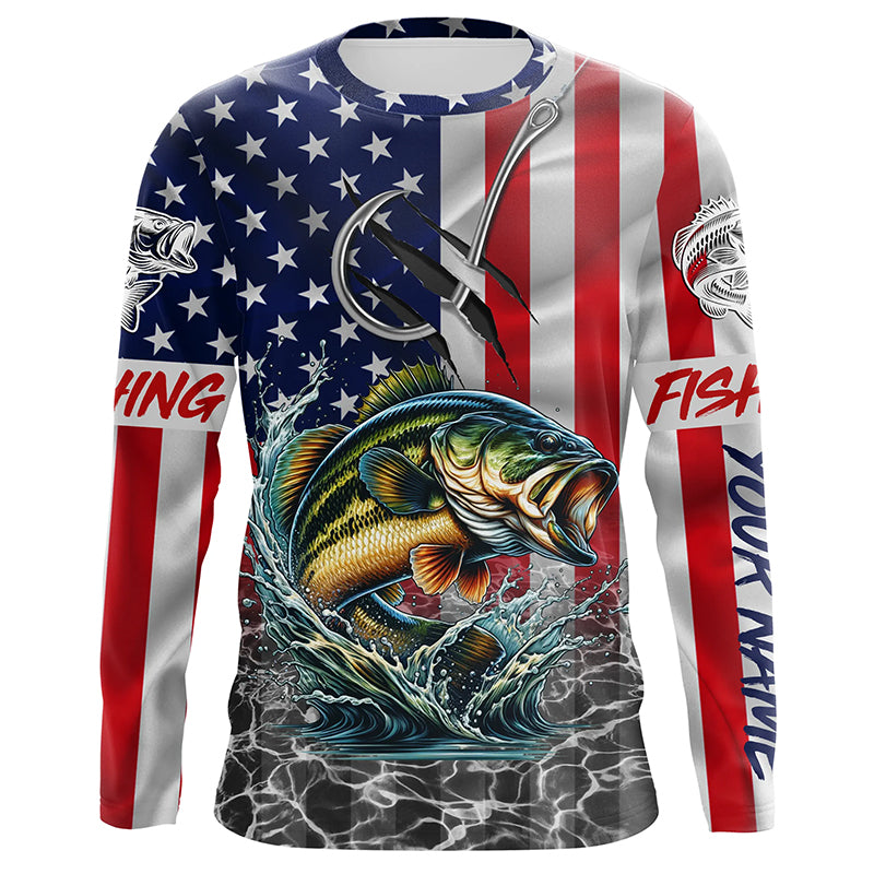 American Flag Bass Fish hook Custom long sleeve performance Fishing Shirts, Bass Fishing jerseys NQS5690