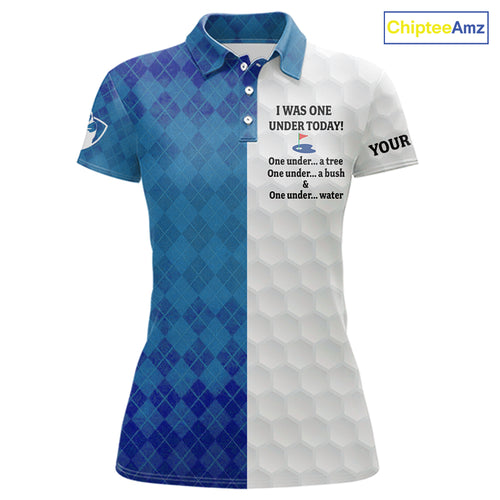 Blue argyle white Women golf polo shirt custom I was one under today one under a tree, a bush & water NQS10090