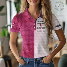 Load image into Gallery viewer, Pink argyle white Women golf polo shirt custom I was one under today one under a tree, a bush &amp; water NQS10091