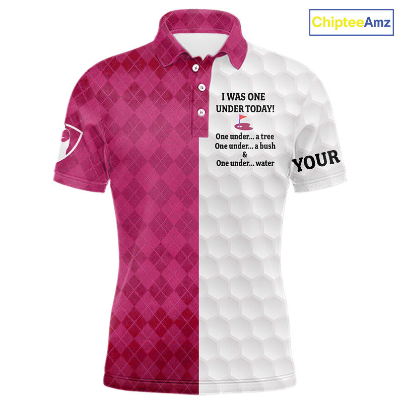 Pink argyle white Men golf polo shirt custom I was one under today one under a tree, a bush and water NQS10091