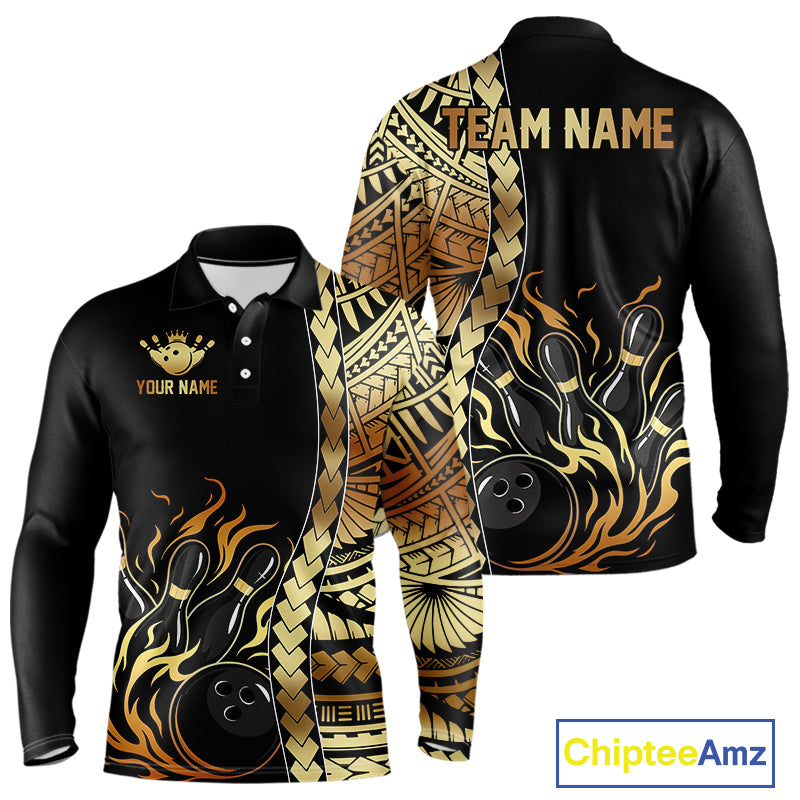 Custom Black And Gold Flame tribal pattern Bowling Team Polo, 1/4 Zip Shirts For Men, Bowling Jerseys NQS10093
