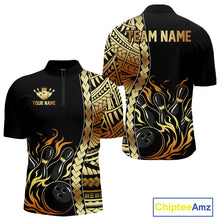 Load image into Gallery viewer, Custom Black And Gold Flame tribal pattern Bowling Team Polo, 1/4 Zip Shirts For Men, Bowling Jerseys NQS10093