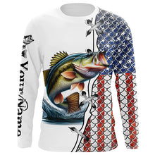 Load image into Gallery viewer, Largemouth Bass fishing American flag patriotic 4th July Custom name performance fishing shirts NQS2072