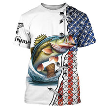 Load image into Gallery viewer, Largemouth Bass fishing American flag patriotic 4th July Custom name performance fishing shirts NQS2072