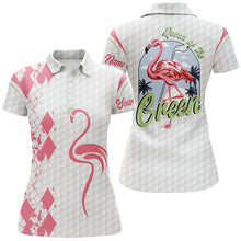 Load image into Gallery viewer, Queen of the green white Womens golf polo shirts custom name pink flamingo ladies golf polos NQS5906