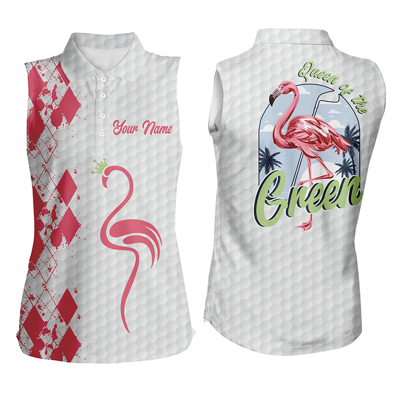 Queen of the green white Womens sleeveless polo shirt custom name pink flamingo ladies golf polos NQS5906