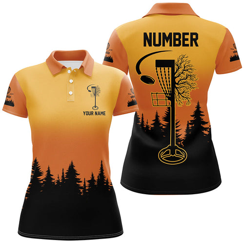 Black & orange Women Disc golf polo shirt custom number disc golf jerseys, team frisbee golf attire NQS8215