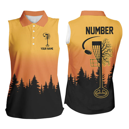 Black & orange Women sleeveless polo shirts custom number disc golf jerseys, team frisbee golf attire NQS8215