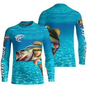 Largemouth Bass fishing blue water camo Custom sun protection long sleeve fishing shirt for men, women NQS8437