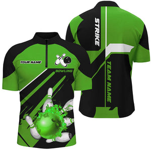 Black and Green Bowling polo, quarter zip shirt for men Custom Flame bowling ball pins uniform shirt NQS8673