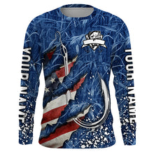 Load image into Gallery viewer, American flag fish hook blue camo fishing custom sun protection performance long sleeve fishing shirts NQS4307