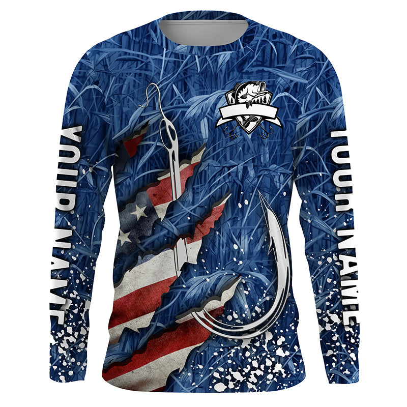 American flag fish hook blue camo fishing custom sun protection performance long sleeve fishing shirts NQS4307