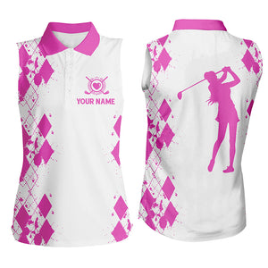 Womens sleeveless polo shirt custom name white golf shirt, golfing gifts | Pink NQS4509