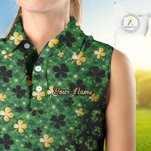 Load image into Gallery viewer, Green and Gold Clover glitter leopard St Patrick's day pattern custom ladies sleeveless golf tops NQS11423