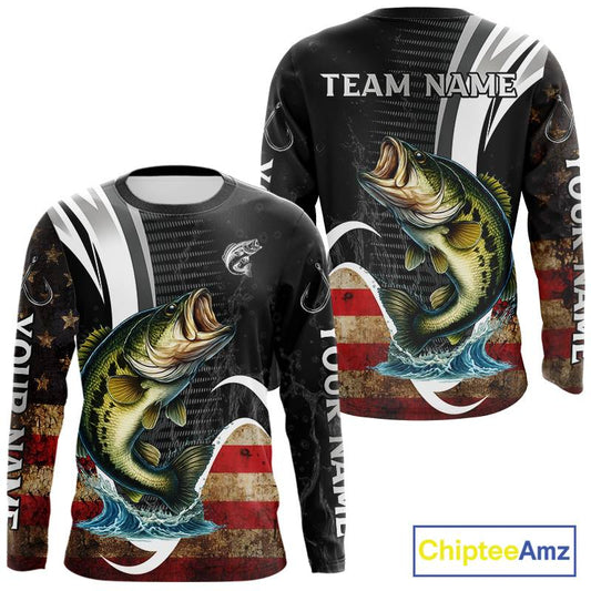 Personalized professional bass fishing shirts vintage American Flag patriotic bass fishing jerseys NQS11426