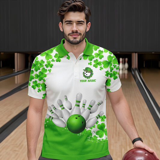 Green and White Shamrock pattern Bowling Shirts For Men Custom St Patrick Day Bowling Team Jerseys NQS9496