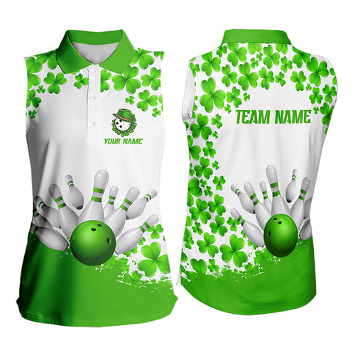 Green and White Shamrock Bowling Sleeveless Polo Shirts Custom St Patrick Day Bowling Team Jerseys NQS9496