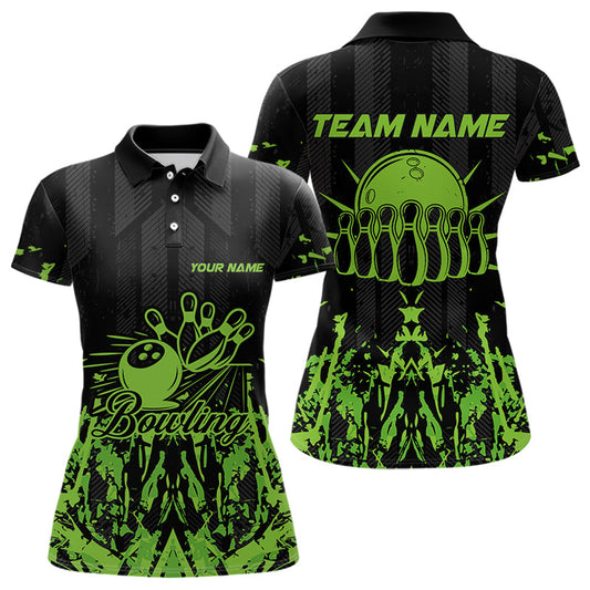Black and Green Camo Bowling Team Shirts For Women Custom Bowling Uniform Polo, Quarter Zip Shirts NQS9665