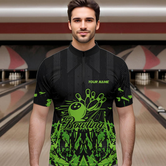 Black and Green Camo Bowling Team Shirts For Men Custom Bowling Uniform Polo, Quarter Zip Shirts NQS9665