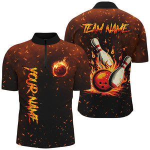 Flame Bowling Jerseys For Men Custom Bowling Polo, Quarter-Zip Shirt for Team, Gift for Bowlers NQS7601