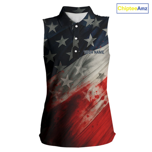 Personalized sleeveless golf polos shirts American flag 4th July custom patriotic ladies golf wears NQS9945