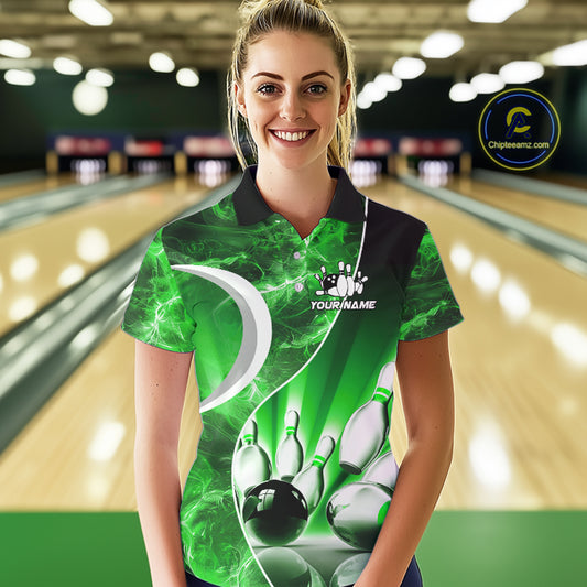 Green Light pattern Bowling Polo, Quarter Zip shirts for Women Custom Bowling Team League Jerseys NQS9949