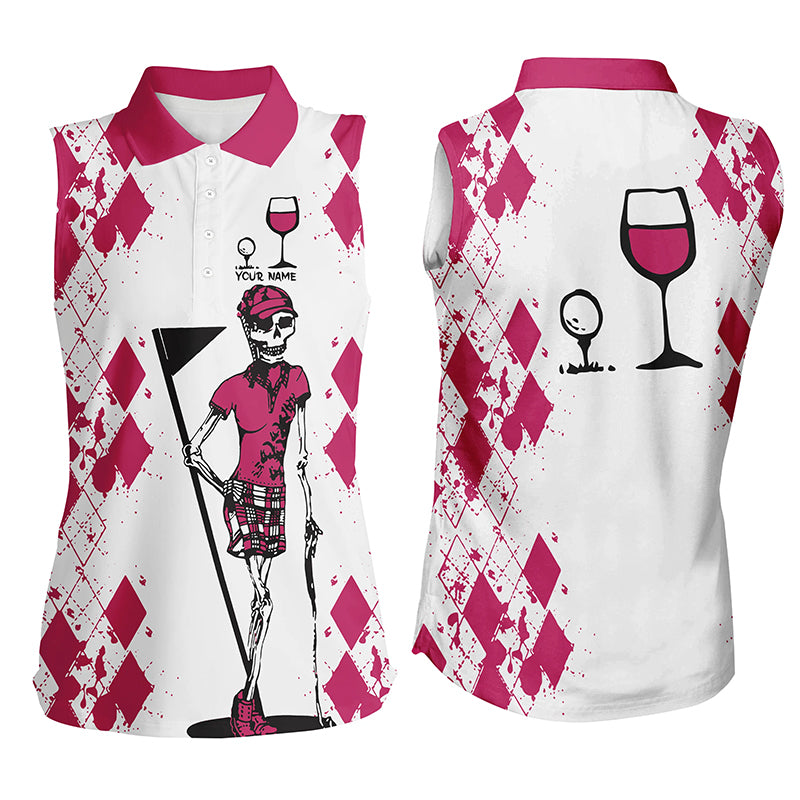 White Pink womens golf shirt skull Golf & wine Women's sleeveless golf polo shirt NQS3451