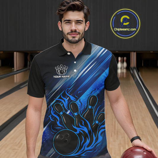 Black and Blue Flame Bowling Polo, Quarter Zip Shirt For Men Custom Team Mens Bowling Jerseys NQS10099